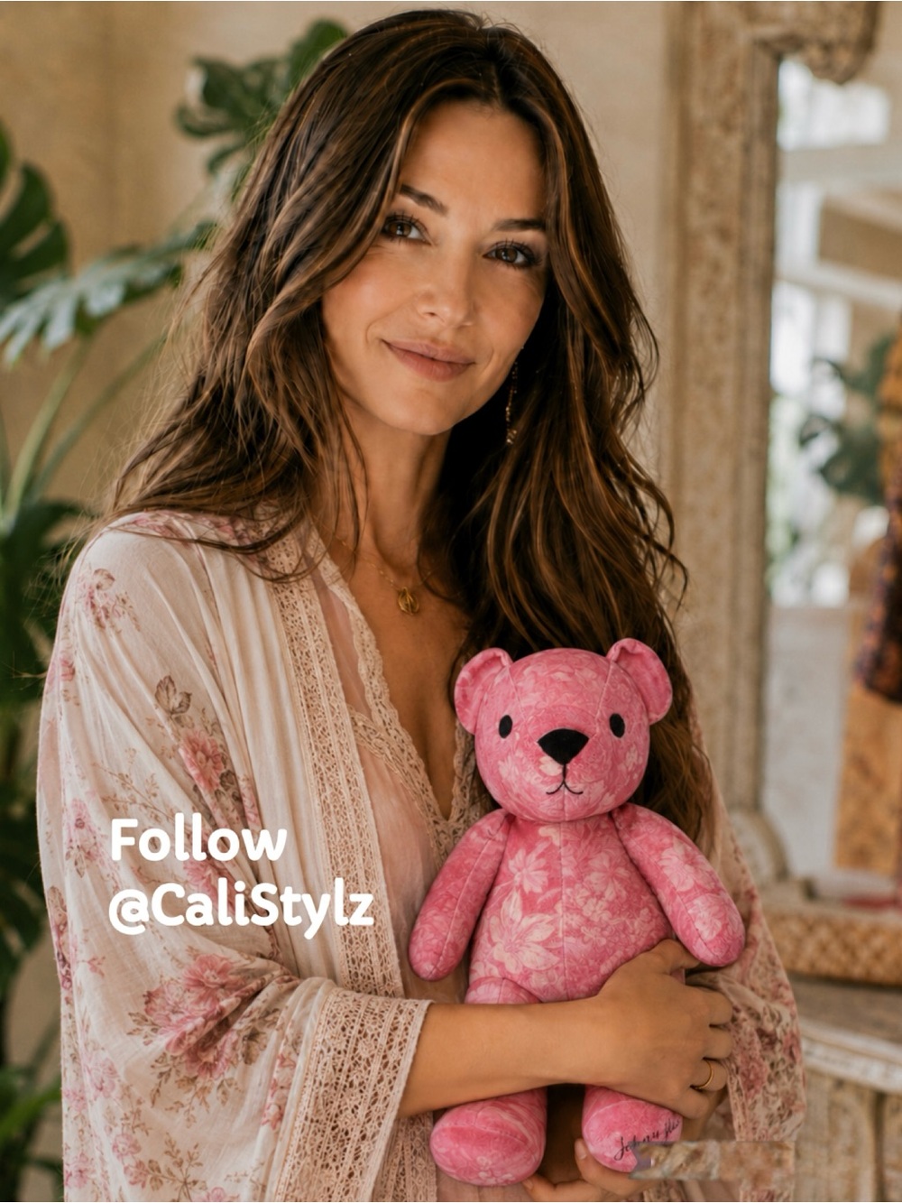 🌸 NWT! Johnny Was Pink Floral Velvet Teddy Bear Plush